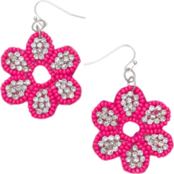 NEW PREP OBSESSED women's glitzy flower beaded earrings in pink - Picture 1 of 2